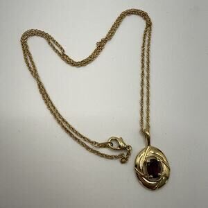 JJJ Necklace Gold Tone Amethyst Purple Oval Wave Ribbon Setting